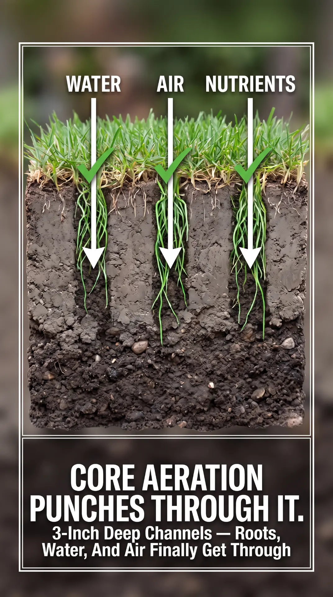 Soil cross-section diagram showing 3-inch aeration channels letting water, air, and nutrients reach grass roots